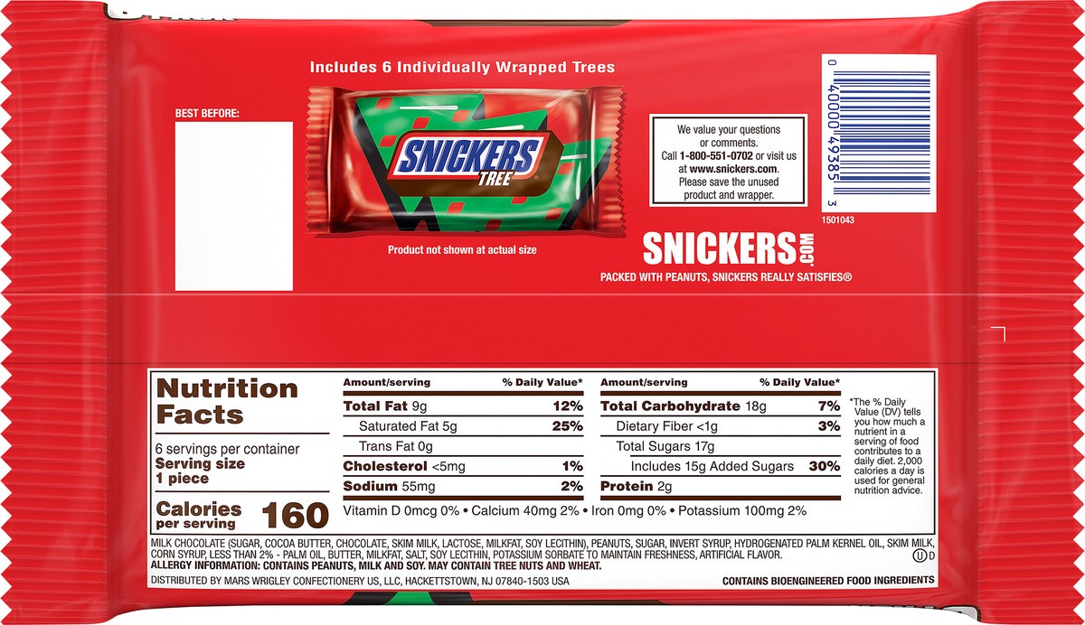 slide 6 of 7, Snickers Holiday Chocolate Christmas Candy Tree Full Size Bar Pack, 1.1oz (6ct), 6.6 oz