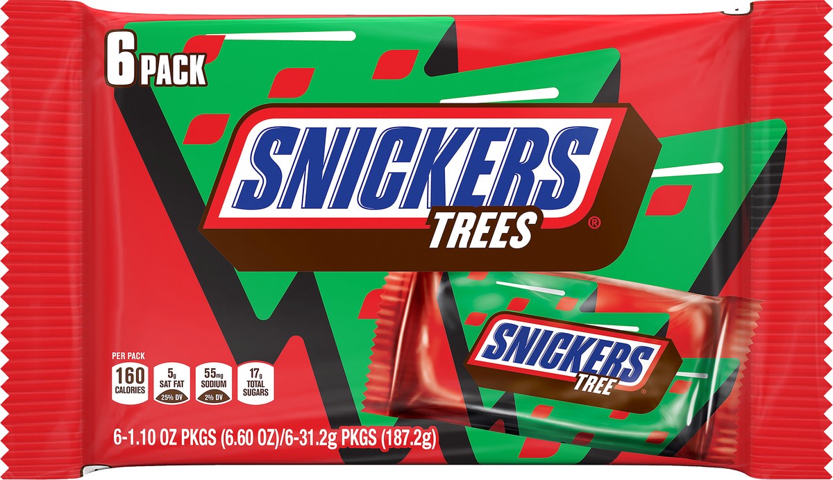 slide 4 of 7, Snickers Holiday Chocolate Christmas Candy Tree Full Size Bar Pack, 1.1oz (6ct), 6.6 oz