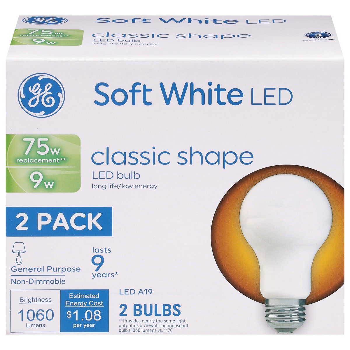 slide 1 of 1, GE Soft White LED 9 Watts Classic Shape Light Bulbs 2 Pack, 2 ct