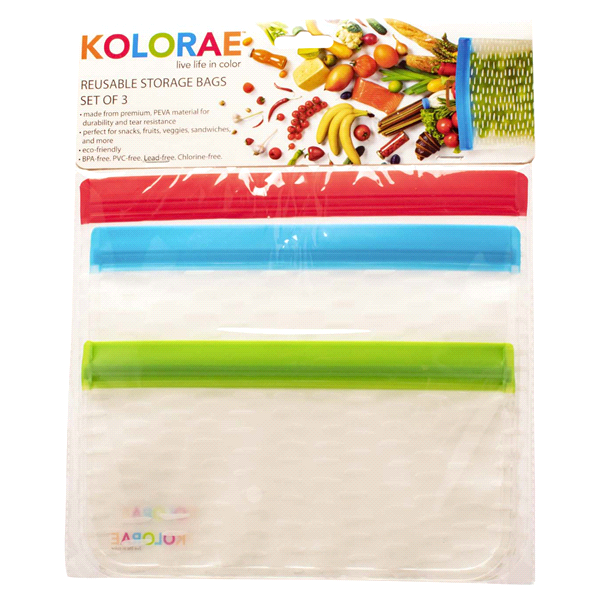 slide 1 of 1, Kolorae Reusable Storage Bags, Assorted Colors, 3 ct