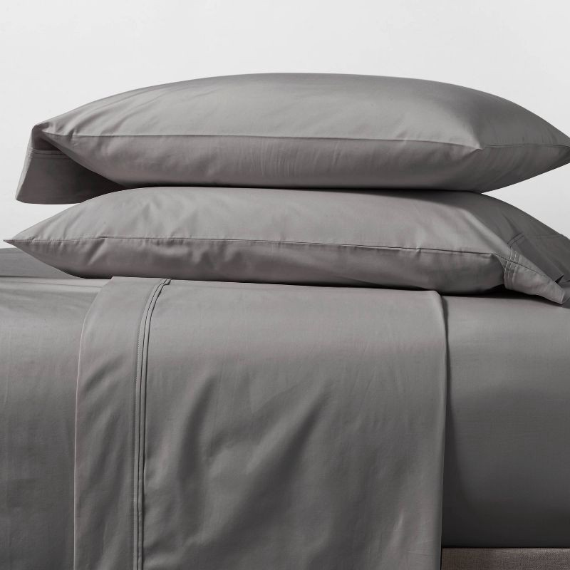 slide 2 of 4, Queen Solid Performance 400 Thread Count Sheet Set Gray - Threshold™: Cotton Sateen, Includes 2 Pillowcases & Fitted Sheet, 1 ct