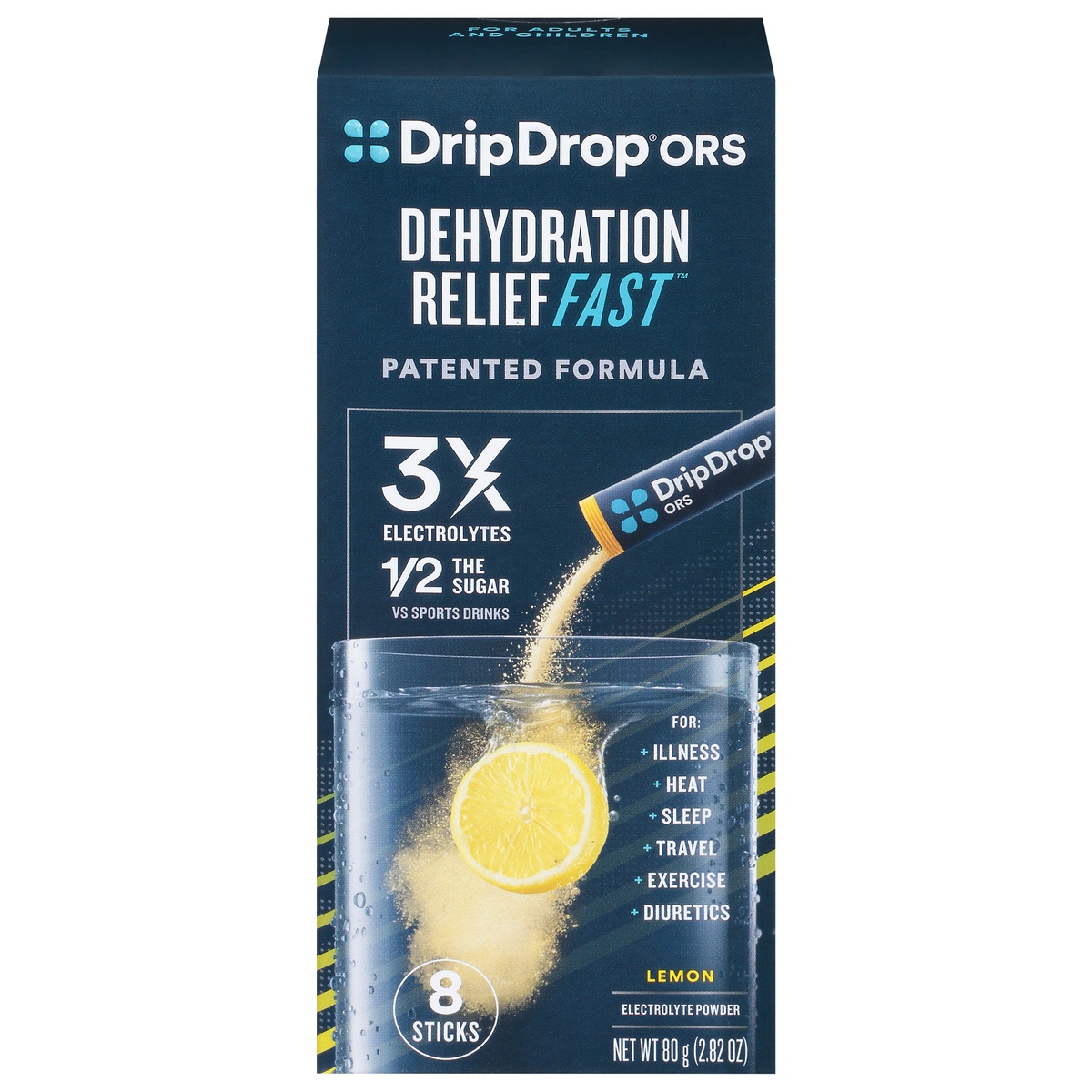 slide 1 of 1, DripDrop ORS Dehydration Relief Fast Lemon Electrolyte Powder 8 Sticks, 8 ct