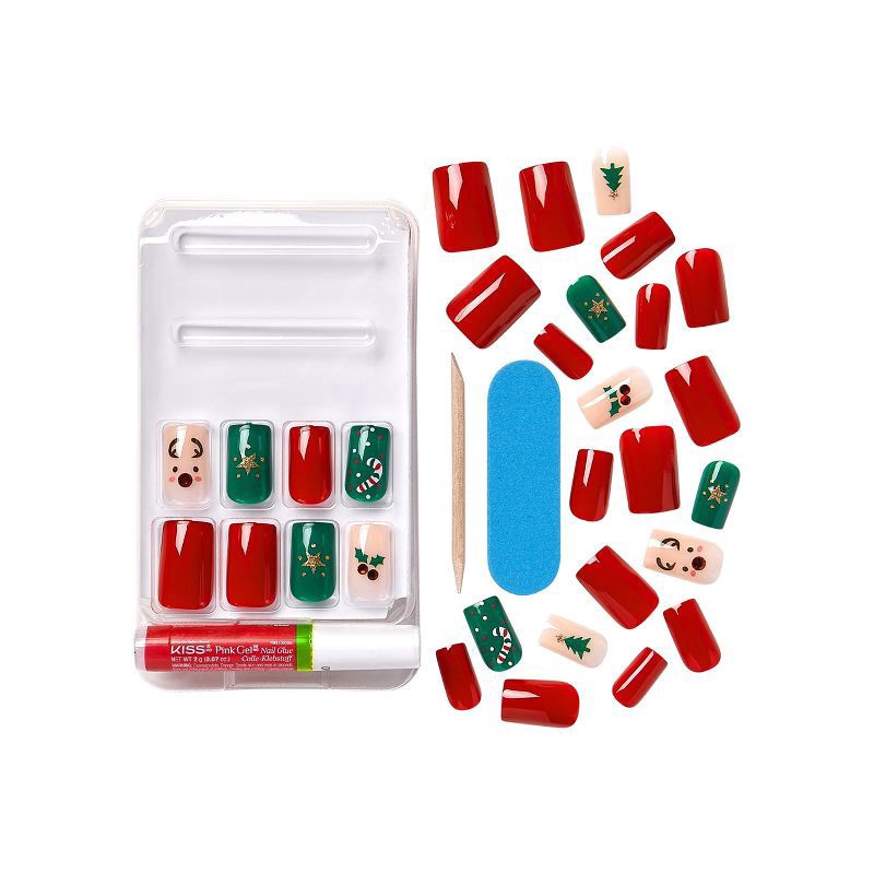 slide 3 of 8, KISS Voguish Fantasy Holiday Press-On Nails, Red, Medium Length, Square Shaped, 31 Ct., 1 ct