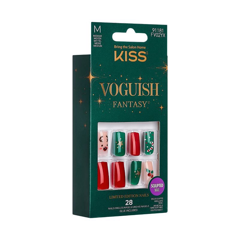 slide 8 of 8, KISS Voguish Fantasy Holiday Press-On Nails, Red, Medium Length, Square Shaped, 31 Ct., 1 ct