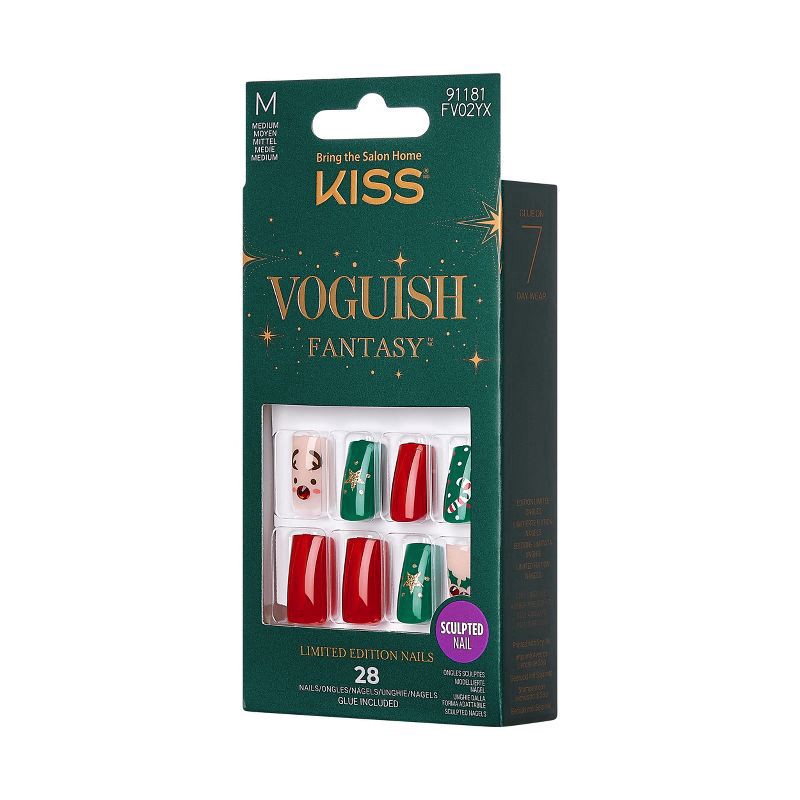 slide 4 of 8, KISS Voguish Fantasy Holiday Press-On Nails, Red, Medium Length, Square Shaped, 31 Ct., 1 ct