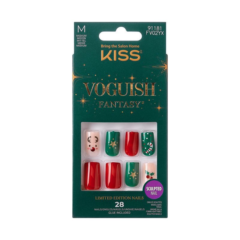 slide 1 of 8, KISS Voguish Fantasy Holiday Press-On Nails, Red, Medium Length, Square Shaped, 31 Ct., 1 ct