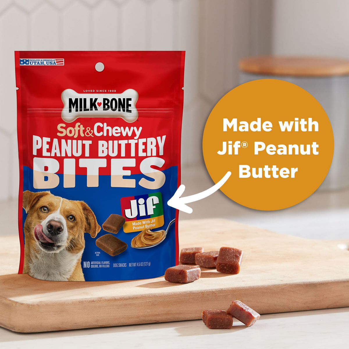 slide 3 of 4, Milk-Bone Peanut Buttery Bites Soft Dog Treats With Jif Peanut Butter, 4.5-Oz. Bag, 4.5 oz
