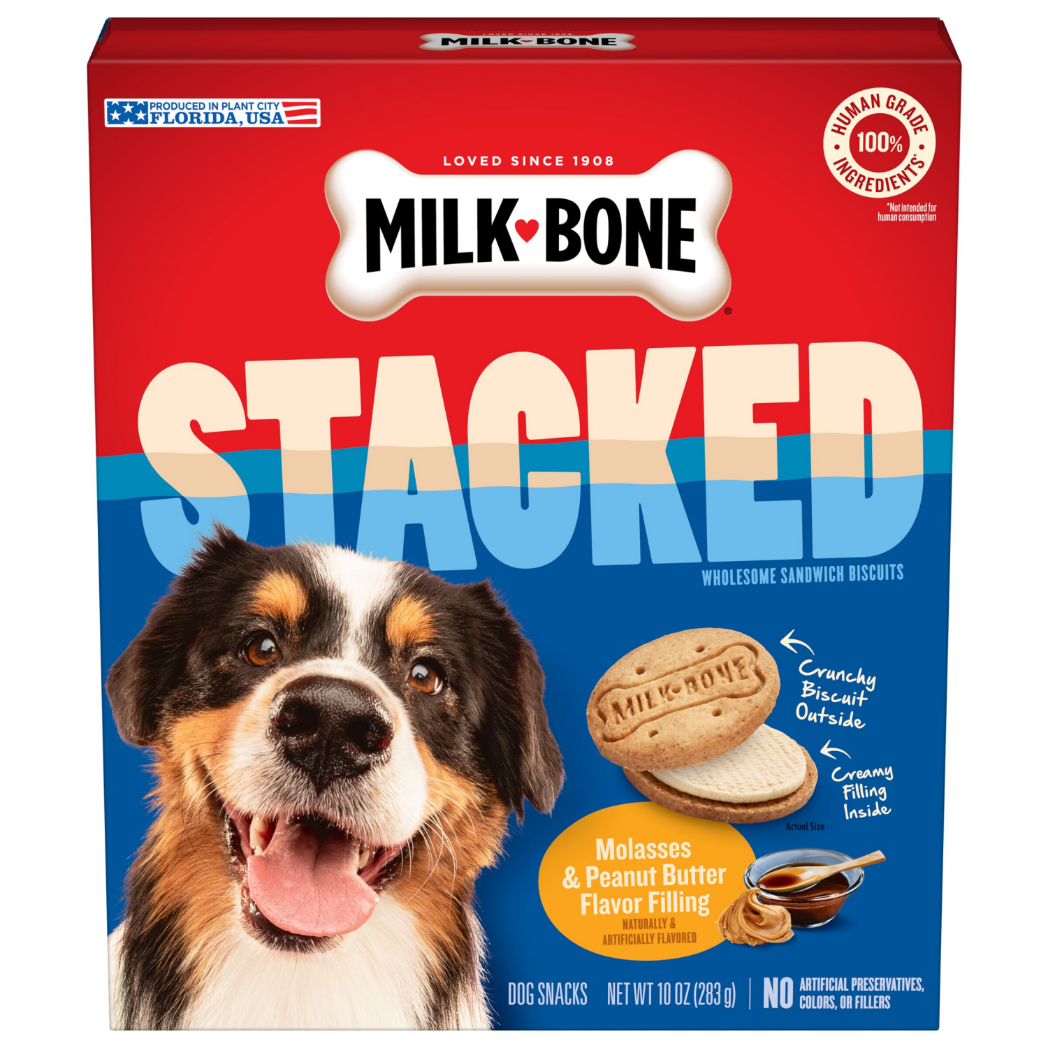 slide 2 of 7, Milk-Bone Stacked Dog Biscuits, Molasses & Peanut Butter Flavor, Naturally & Artificially Flavored, 10 oz, 10 oz
