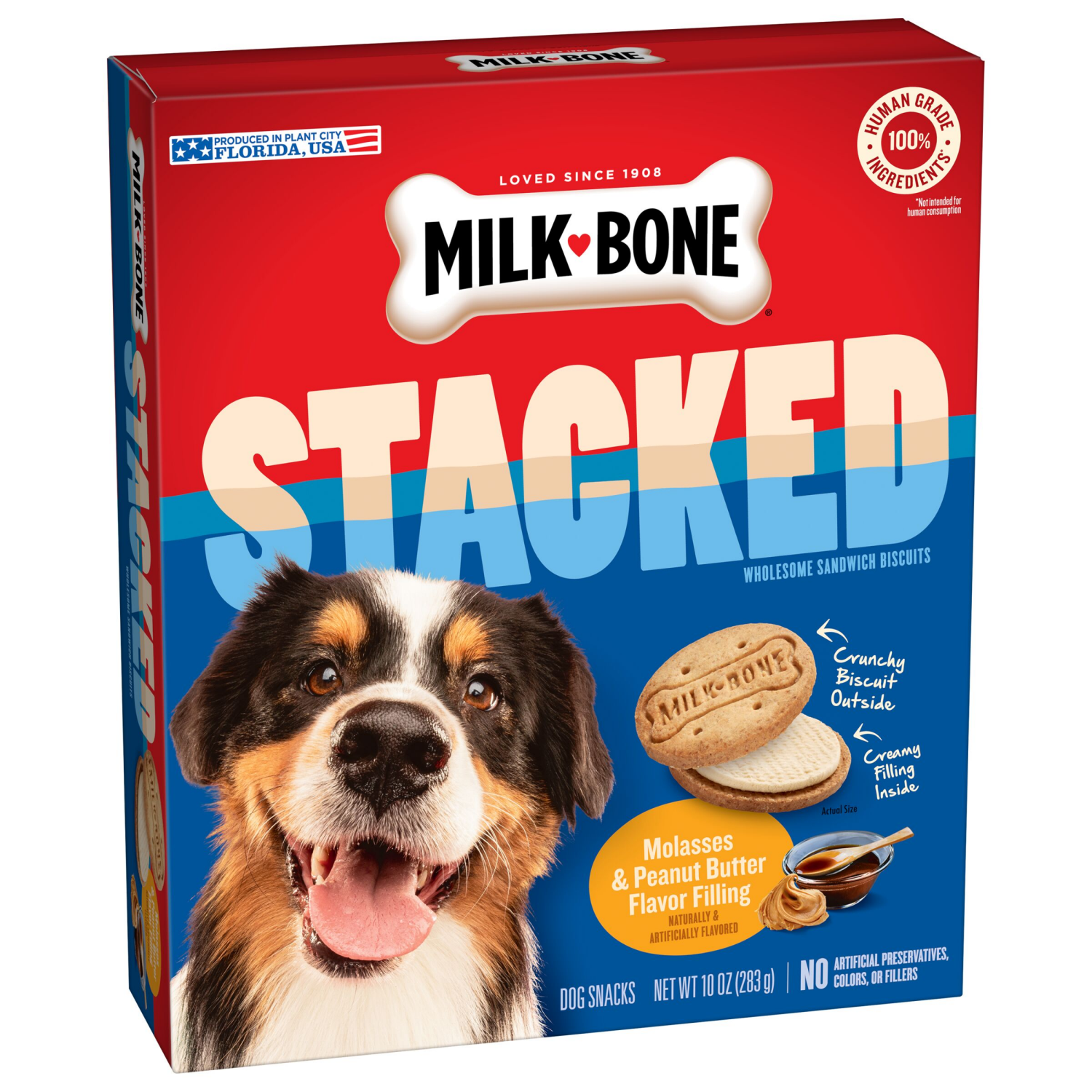 slide 4 of 7, Milk-Bone Stacked Dog Biscuits, Molasses & Peanut Butter Flavor, Naturally & Artificially Flavored, 10 oz, 10 oz