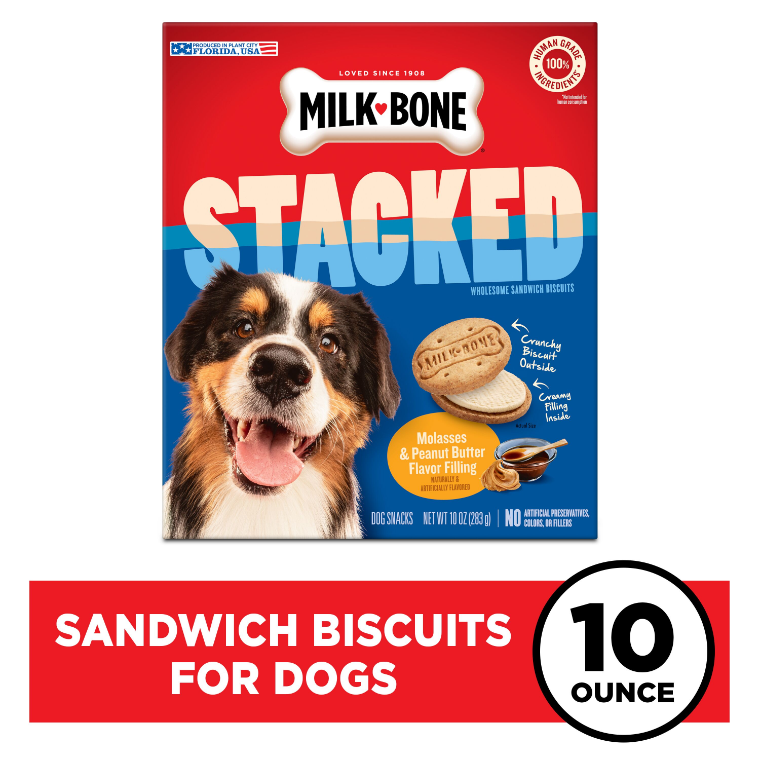 slide 1 of 7, Milk-Bone Stacked Dog Biscuits, Molasses & Peanut Butter Flavor, Naturally & Artificially Flavored, 10 oz, 10 oz
