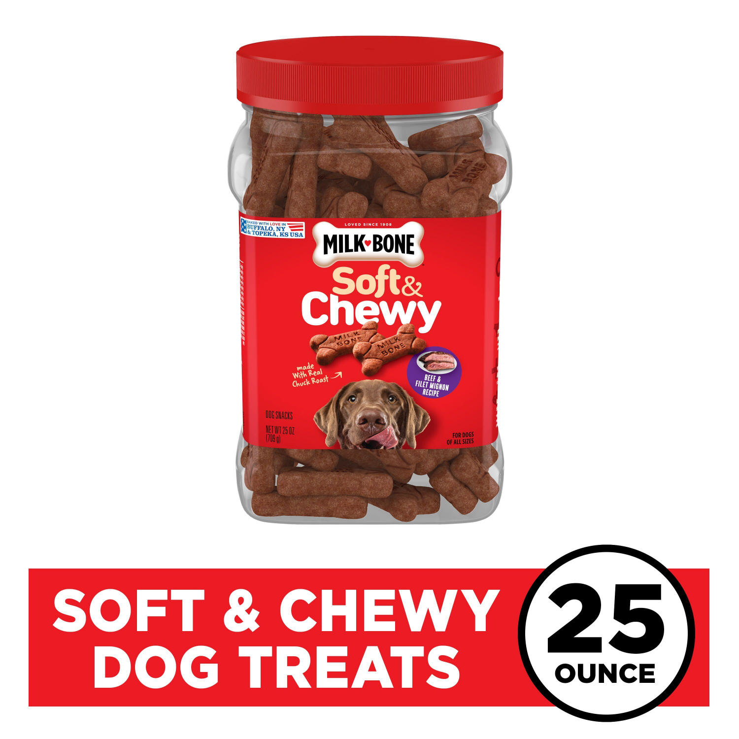 slide 1 of 8, Milk-Bone Soft and Chewy Dog Treats, Beef & Filet Mignon Recipe With Chuck Roast, 25oz Container, 25 oz