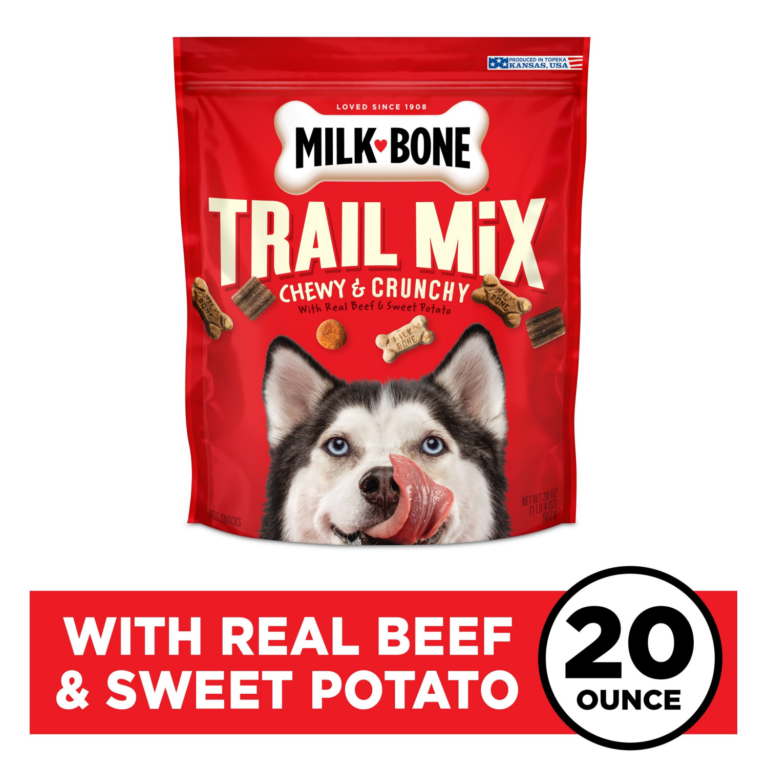 slide 1 of 7, Milk-Bone Trail Mix with Real Beef & Sweet Potato Dog Snacks, 20 oz