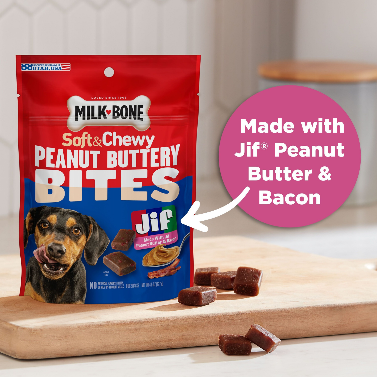 slide 5 of 6, Milk-Bone Peanut Buttery Bites Soft Dog Treats With Real Peanut Butter & Bacon, 4.5-Oz. Bag, 4.5 oz
