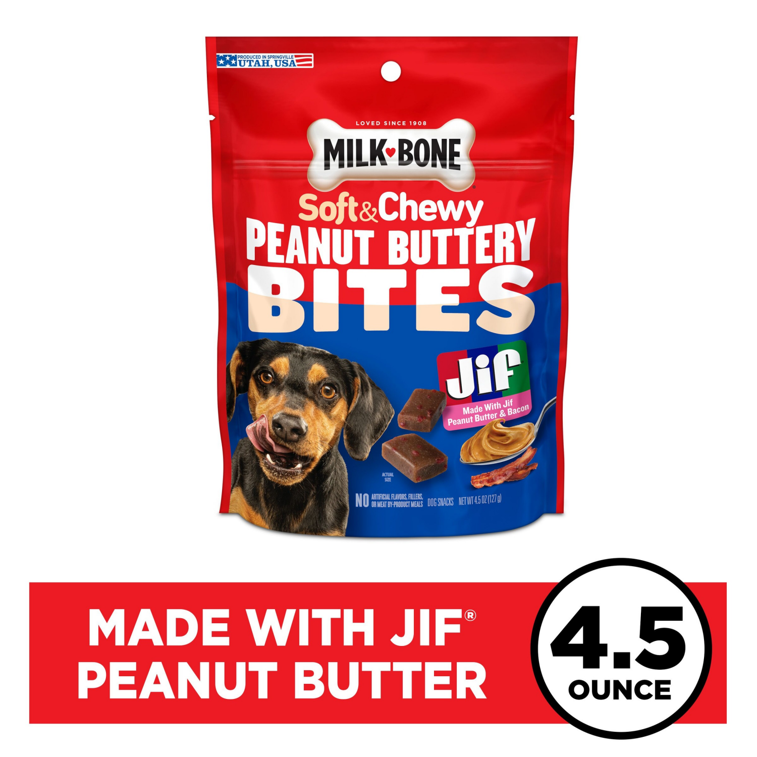 slide 1 of 6, Milk-Bone Peanut Buttery Bites Soft Dog Treats With Real Peanut Butter & Bacon, 4.5-Oz. Bag, 4.5 oz