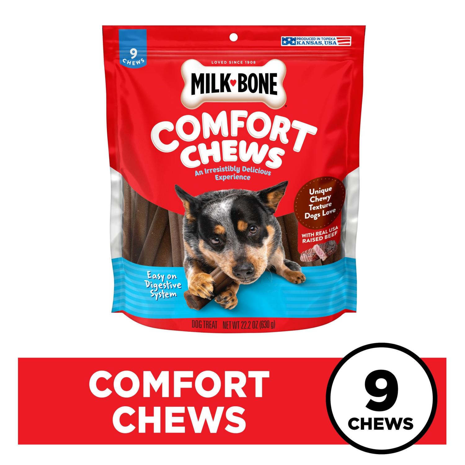 slide 1 of 6, Milk-Bone Comfort Chews, Dog Chews with Unique Chewy Texture and Real Beef, 22.2 Oz. Bag of 9 Chews, 9 ct