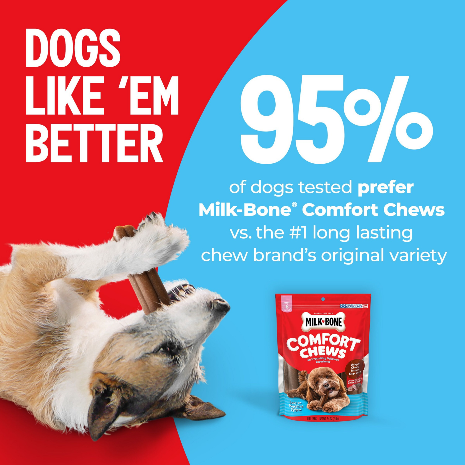 slide 5 of 6, Milk-Bone Comfort Chews, Dog Chews with Unique Chewy Texture and Real Beef, 22.2 Oz. Bag of 9 Chews, 9 ct