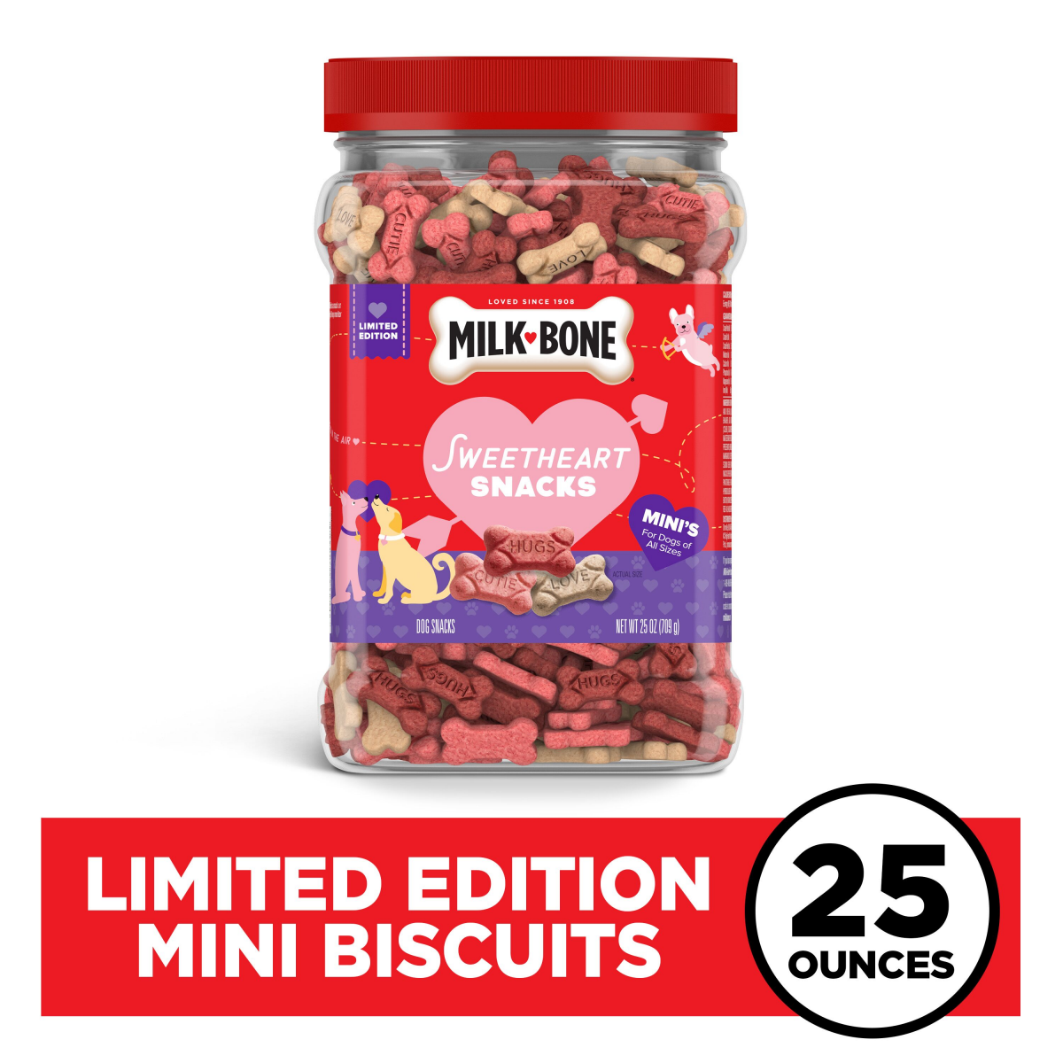 slide 1 of 17, Milk-Bone Sweetheart Snacks Mini''s Dog Treats, 25 oz. Canister, 25 oz