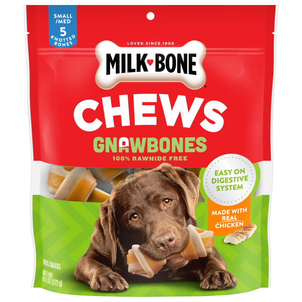 slide 16 of 25, Milk-Bone GnawBones Rawhide Free Dog Chews With Real Chicken, Long-Lasting Dog Treats, Small/Medium, Bag of 5, 5 ct