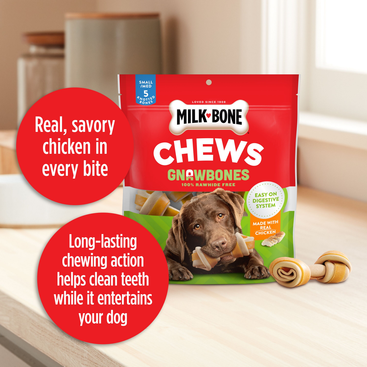 slide 5 of 25, Milk-Bone GnawBones Rawhide Free Dog Chews With Real Chicken, Long-Lasting Dog Treats, Small/Medium, Bag of 5, 5 ct