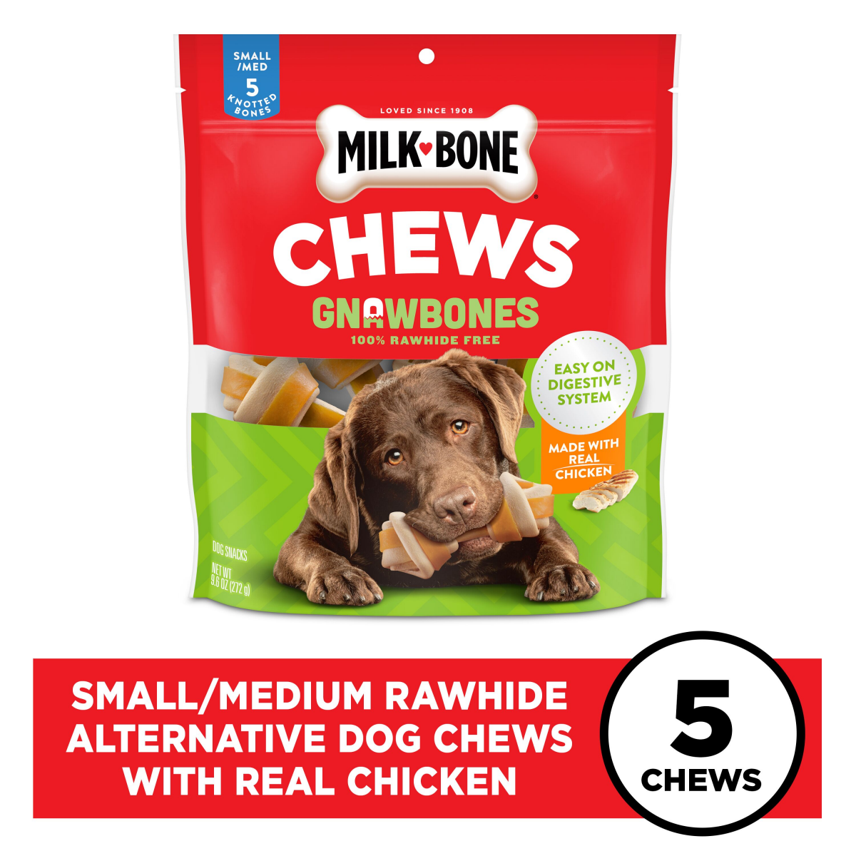 slide 1 of 25, Milk-Bone GnawBones Rawhide Free Dog Chews With Real Chicken, Long-Lasting Dog Treats, Small/Medium, Bag of 5, 5 ct