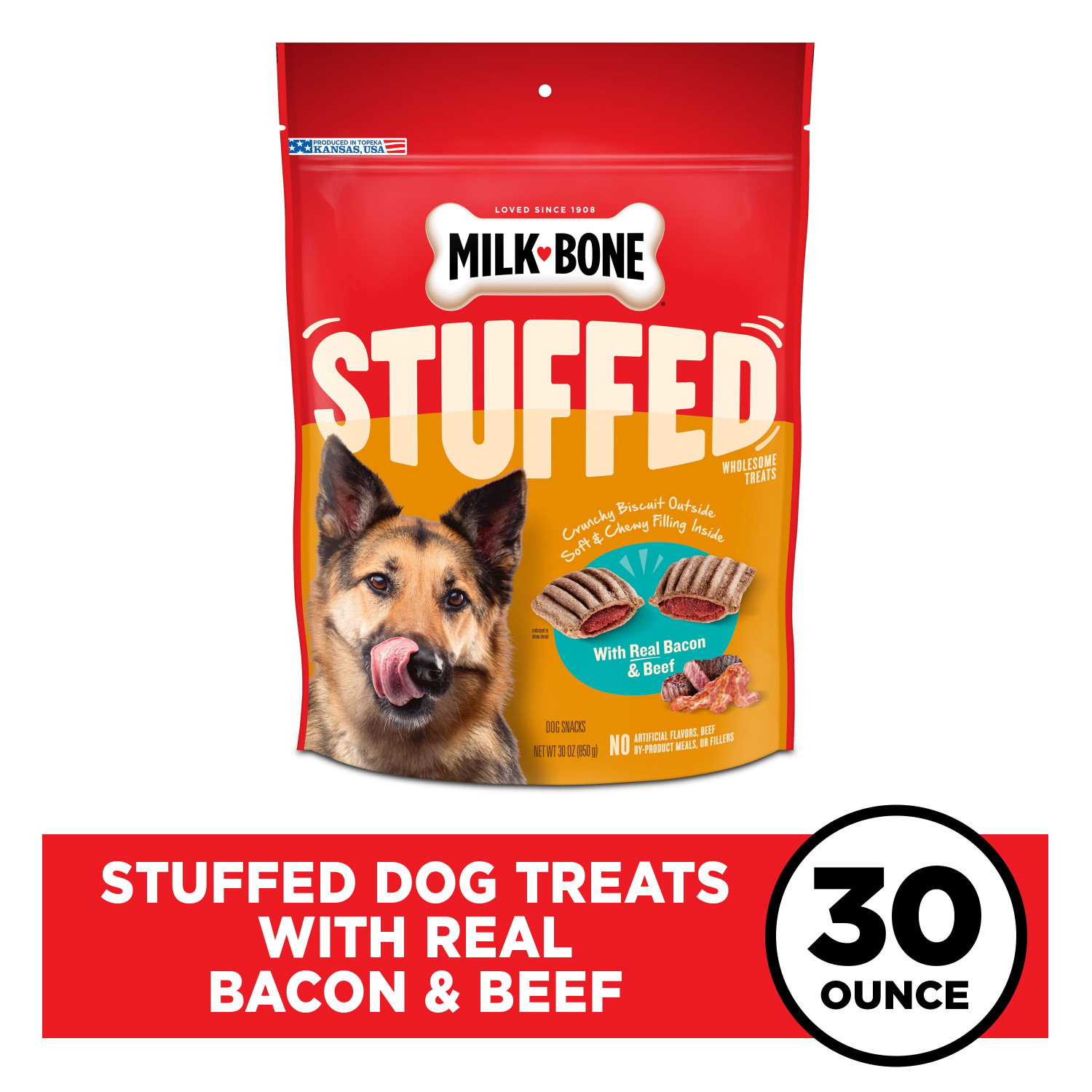 slide 1 of 7, Milk-Bone Stuffed Dog Biscuits With Real Bacon & Beef 30 oz, 32 oz