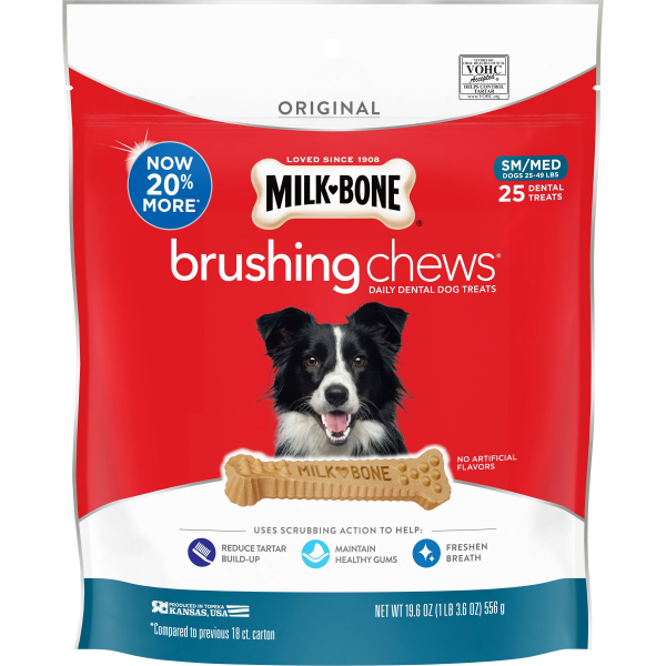 slide 10 of 13, Milk-Bone Brushing Chews Daily Dental Dog Treats, Small/Medium, 19.6 Oz. Bag, 25 Bones Per Bag, 19.6 oz