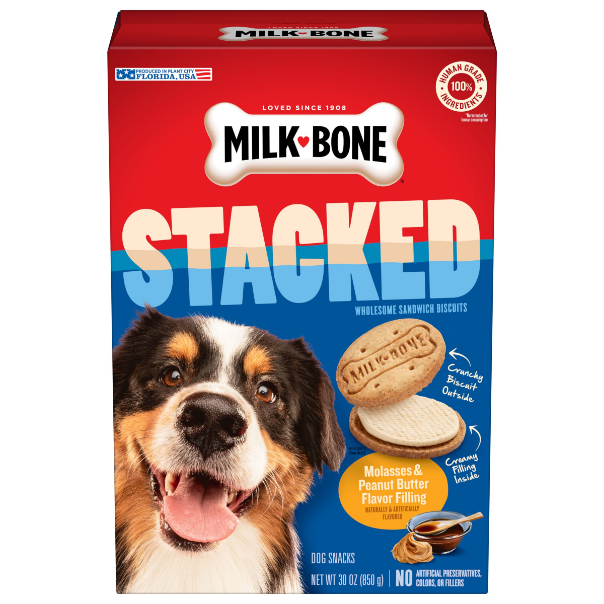 slide 2 of 7, Milk-Bone Stacked Dog Biscuits, Molasses & Peanut Butter Flavor, Naturally & Artificially Flavored, 30 oz, 30 oz