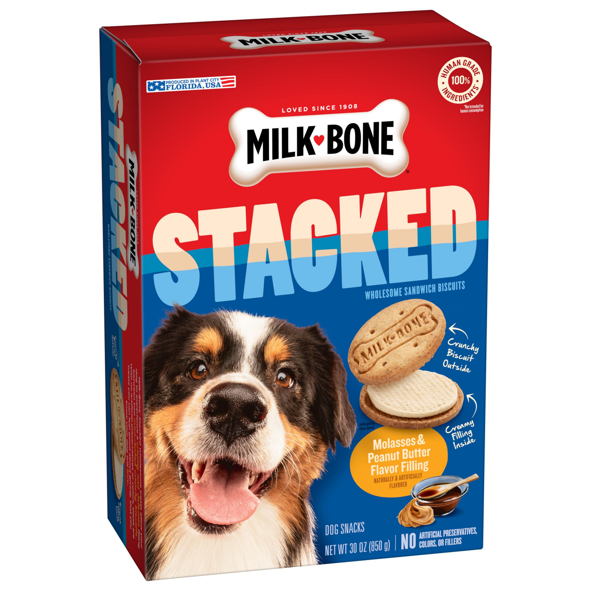 slide 4 of 7, Milk-Bone Stacked Dog Biscuits, Molasses & Peanut Butter Flavor, Naturally & Artificially Flavored, 30 oz, 30 oz
