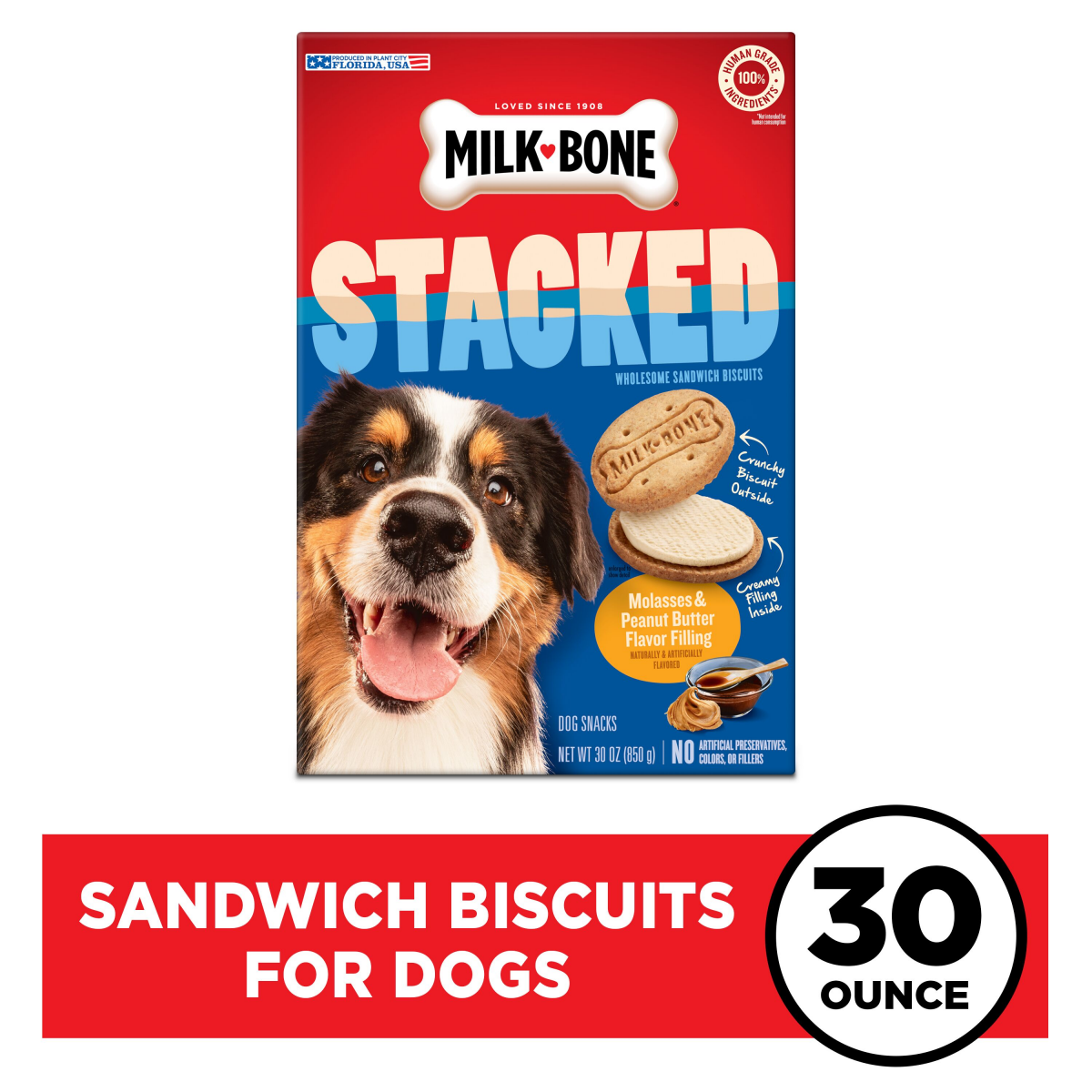 slide 1 of 7, Milk-Bone Stacked Dog Biscuits, Molasses & Peanut Butter Flavor, Naturally & Artificially Flavored, 30 oz, 30 oz
