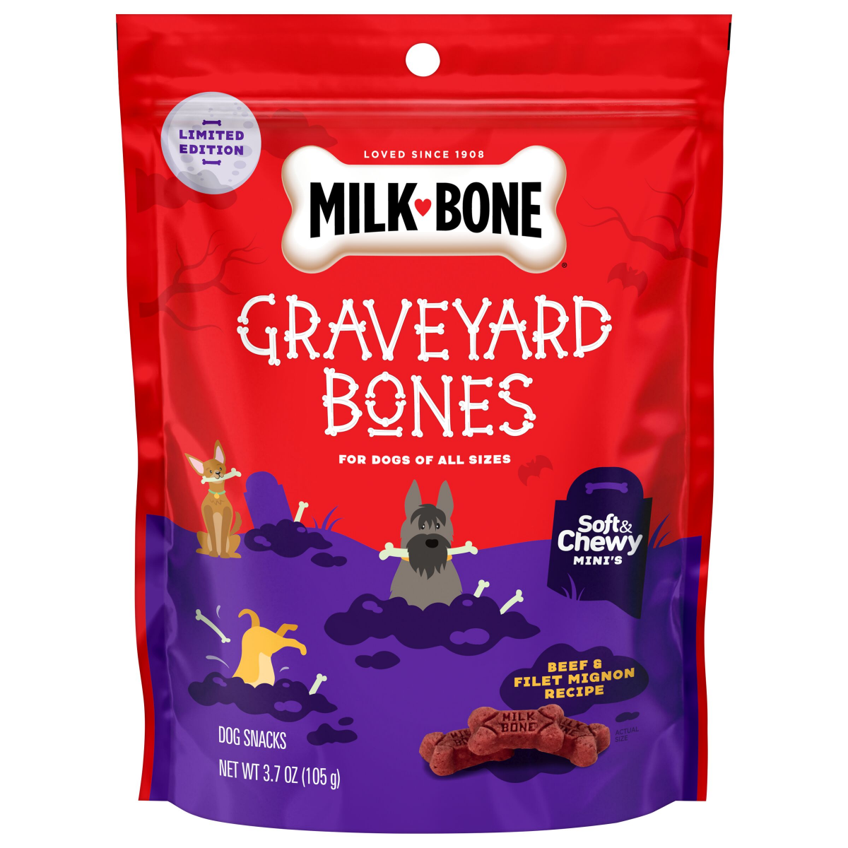 slide 3 of 6, Milk-Bone Graveyard Bones Soft & Chewy Mini''s Halloween Dog Treats, 3.7 Oz. Bag, 3.70 oz