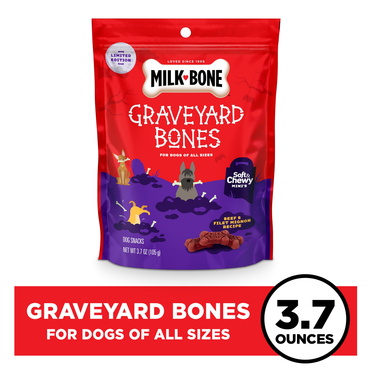 slide 1 of 6, Milk-Bone Graveyard Bones Soft & Chewy Mini''s Halloween Dog Treats, 3.7 Oz. Bag, 3.70 oz
