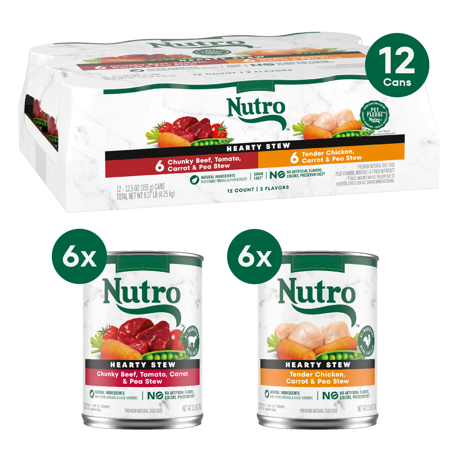 slide 3 of 5, Nutro Premium Natural Chunky Beef, Tomato, Carrot & Pea Stew/Tender Chicken, Carrot & Pea Stew Dog Food 12 - 12.5 oz Cans, 12 ct