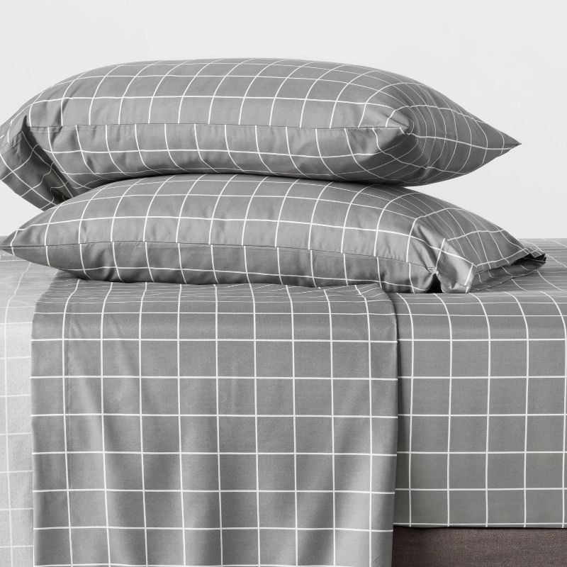 slide 2 of 4, Queen Microfiber Printed Pattern Sheet Set Grid - Room Essentials™: Polyester, Peached Finish, OEKO-TEX Certified, 1 ct