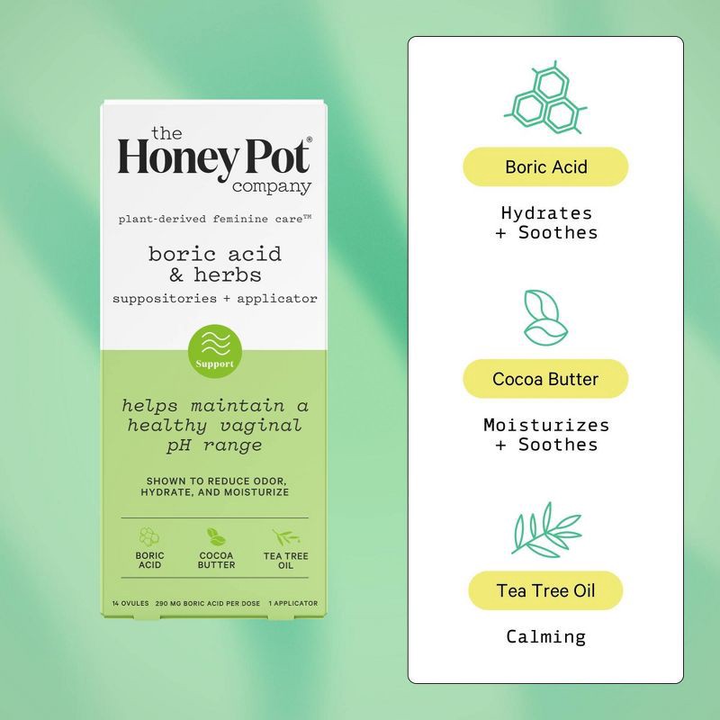 slide 4 of 8, The Honey Pot Company, Boric Acid and Herbal Suppositories + Applicator, 14 ovules - 1 applicator, 1 ct