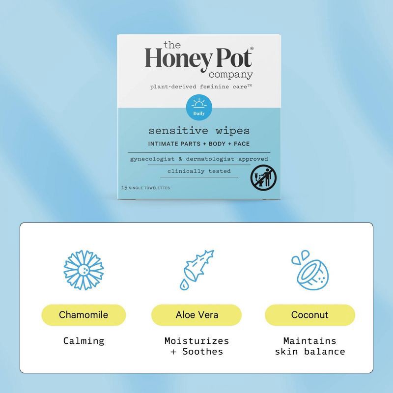 slide 3 of 9, The Honey Pot Company, Sensitive Daily Feminine Cleansing Wipes, Intimate Parts, Body or Face - 15ct, 15 ct
