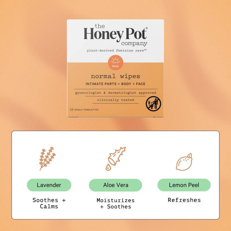 slide 3 of 8, The Honey Pot Company, Normal Feminine Cleansing Wipes, Intimate Parts, Body or Face - 15ct, 15 ct