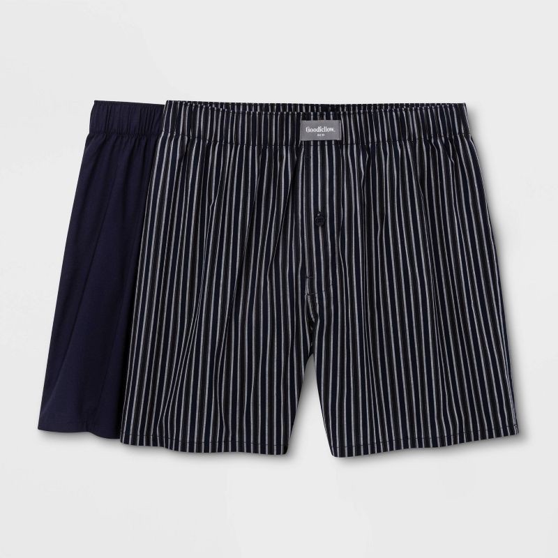 slide 1 of 2, Men's Striped Woven 2pk Boxer - Goodfellow & Co™ Navy S, 2 ct