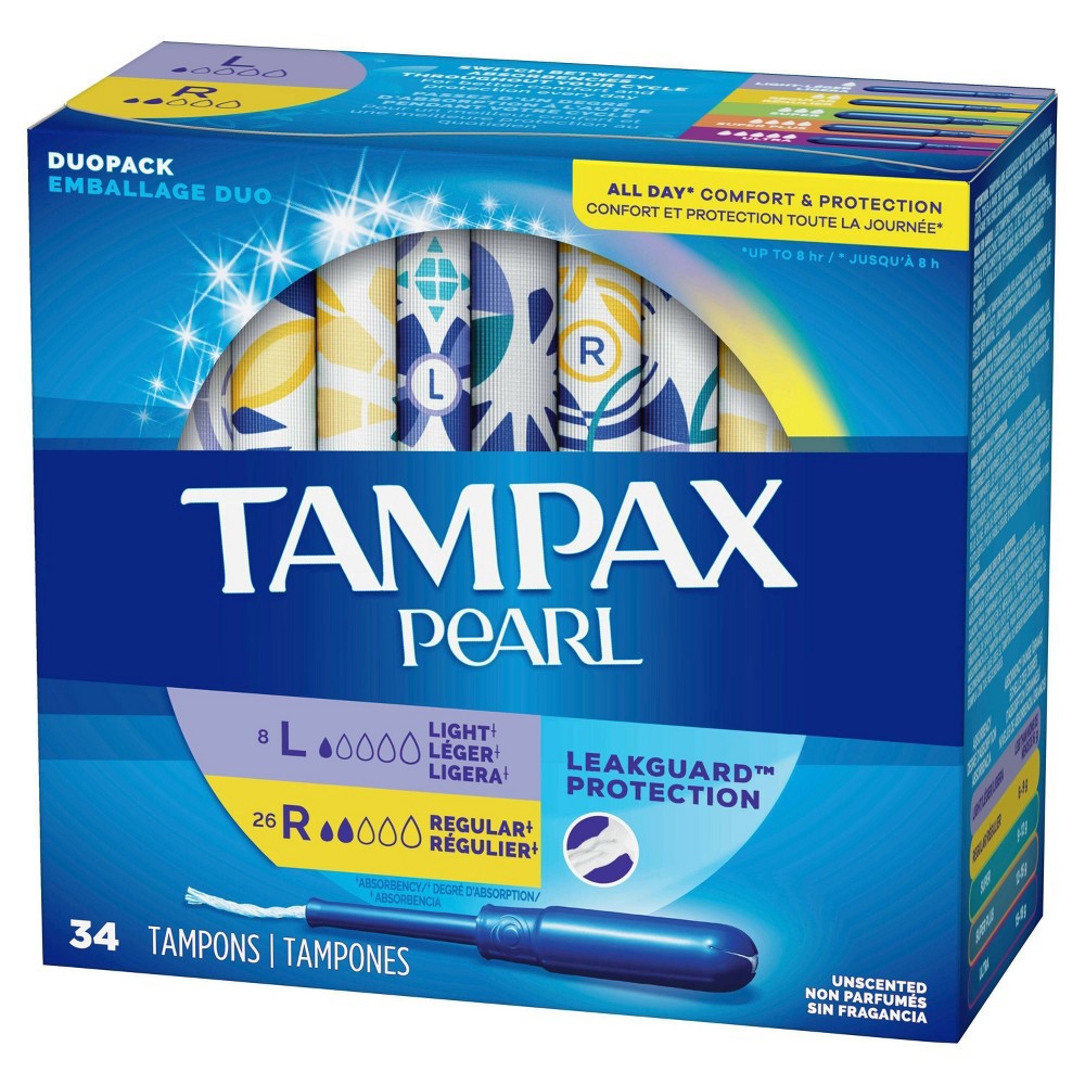 slide 4 of 8, Tampax Pearl Tampons, Light/Regular Absorbency With Leakguard Braid, Duo Pack, Unscented, 34 ct