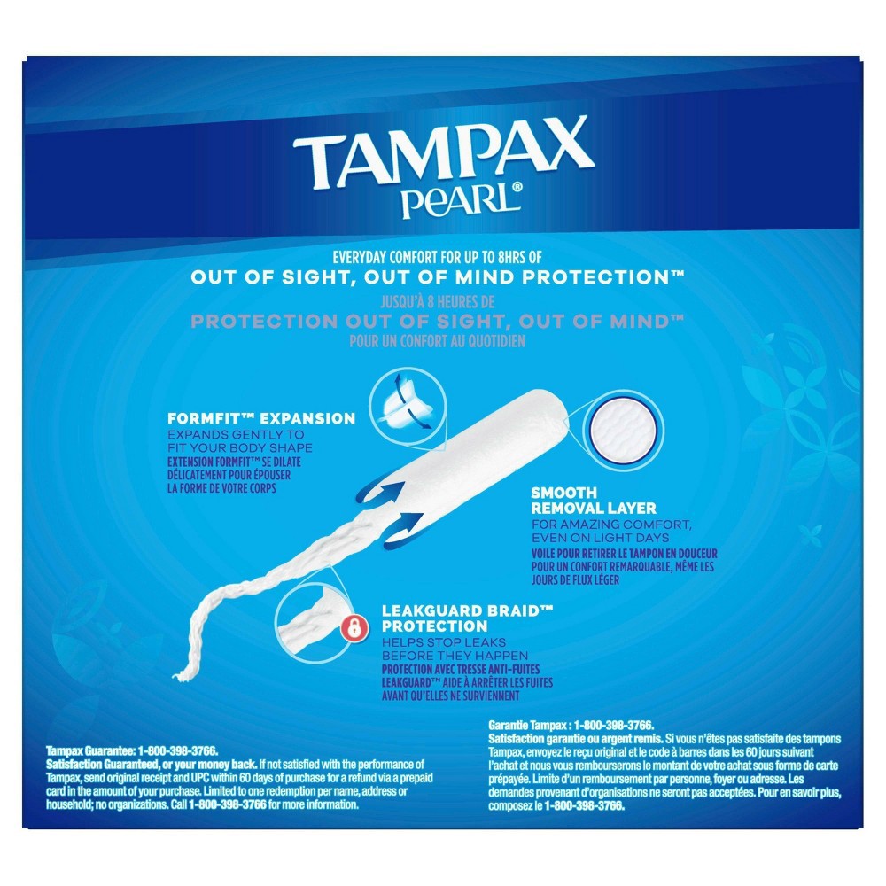 slide 8 of 8, Tampax Pearl Tampons, Light/Regular Absorbency With Leakguard Braid, Duo Pack, Unscented, 34 ct