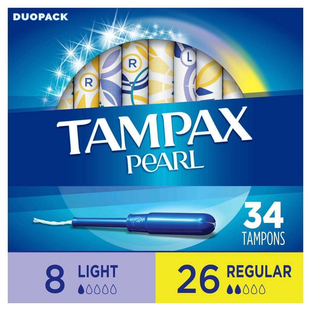 slide 3 of 8, Tampax Pearl Tampons, Light/Regular Absorbency With Leakguard Braid, Duo Pack, Unscented, 34 ct