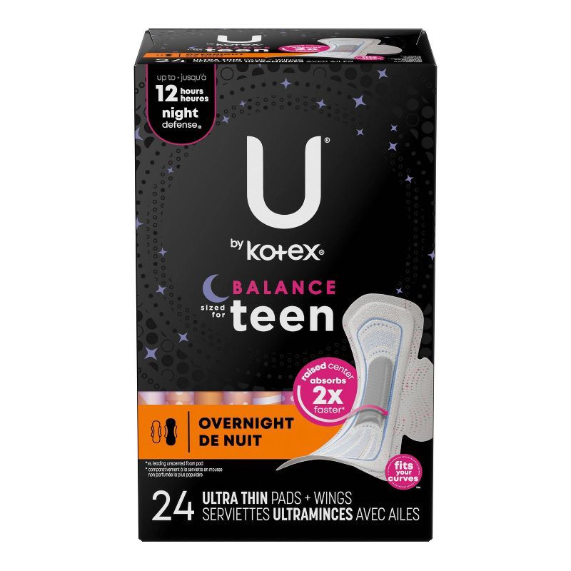 slide 2 of 9, U by Kotex Balance Sized for Teens Ultra-Thin Pads with Wings - Overnight - Unscented - 24ct, 24 ct