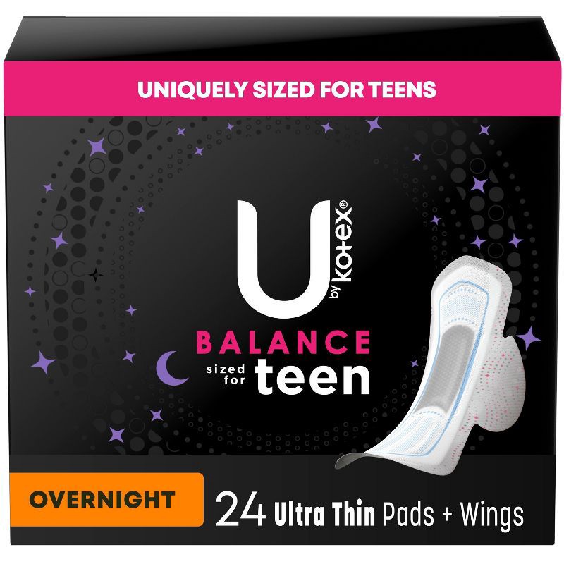 slide 1 of 7, U by Kotex Balance Sized for Teens Ultra-Thin Pads with Wings - Overnight - Unscented - 24ct, 24 ct