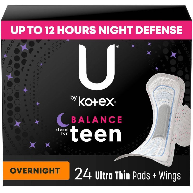 slide 1 of 9, U by Kotex Balance Sized for Teens Ultra-Thin Pads with Wings - Overnight - Unscented - 24ct, 24 ct