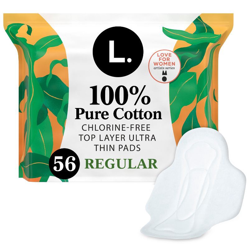slide 1 of 10, L . Organic Cotton Topsheet Ultra Thin Regular Absorbency Pads with Wings - 56ct, 56 ct