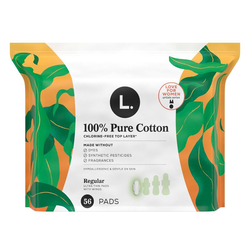 slide 10 of 10, L . Organic Cotton Topsheet Ultra Thin Regular Absorbency Pads with Wings - 56ct, 56 ct