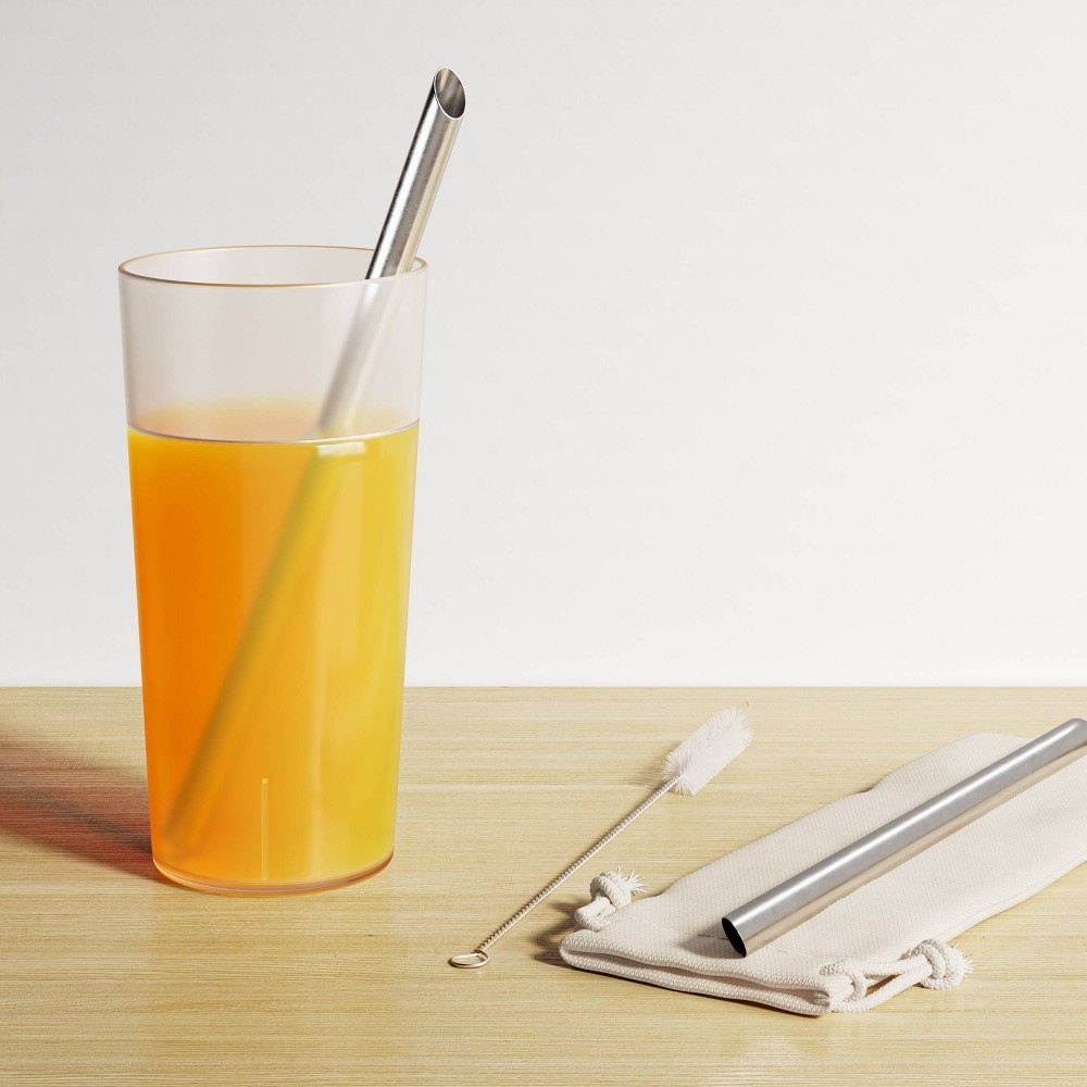 slide 2 of 4, 2pk Stainless Steel Smoothie Straws with Brush & Linen Bag - Room Essentials, 2 ct