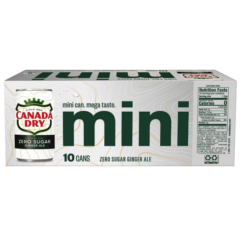 slide 10 of 12, Canada Dry Zero Sugar Ginger Ale Soda - 10pk/7.5 fl oz Mini Cans, 10 ct; 7.5 fl oz