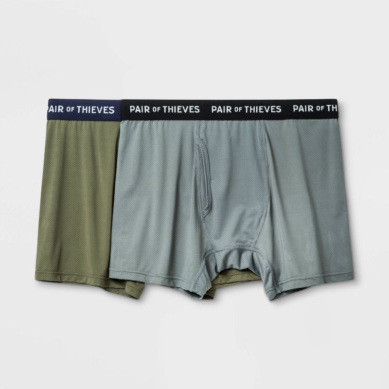 slide 1 of 5, Pair of Thieves Men's Super Fit Boxer Briefs 2pk - Green/Gray XL: Geometric Pattern, Mid Rise, Mesh Detail, 2 ct