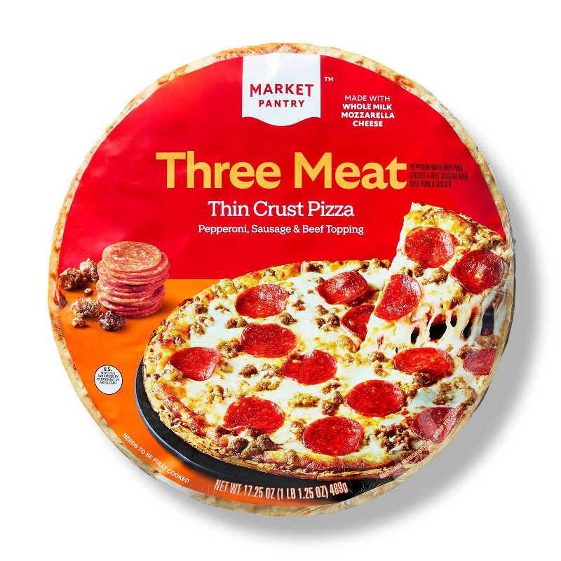 slide 1 of 4, Thin Crust Three Meat Frozen Pizza 17.25oz - Market Pantry™, 17.25 oz