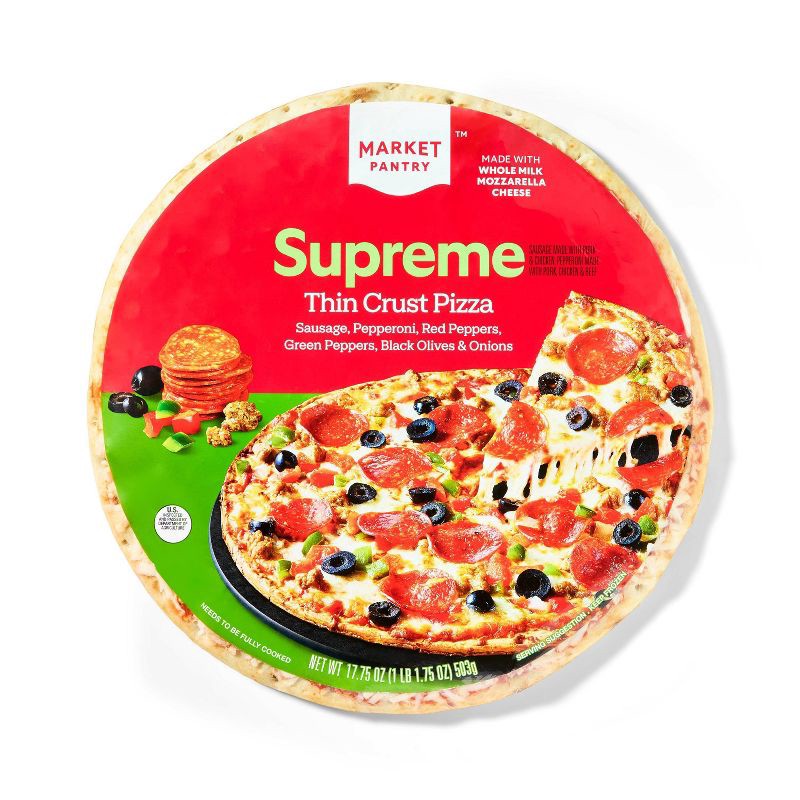 slide 1 of 3, Thin Crust Supreme Frozen Pizza - 17.75oz - Market Pantry™, 17.75 oz